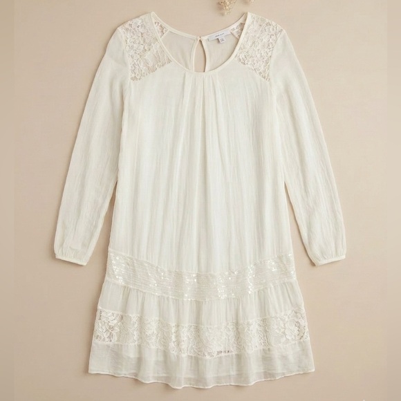 LINE Italy Dresses & Skirts - LINE Italy Romantic White Lace & Silk Pleated Midi Dress - Long Sleeve